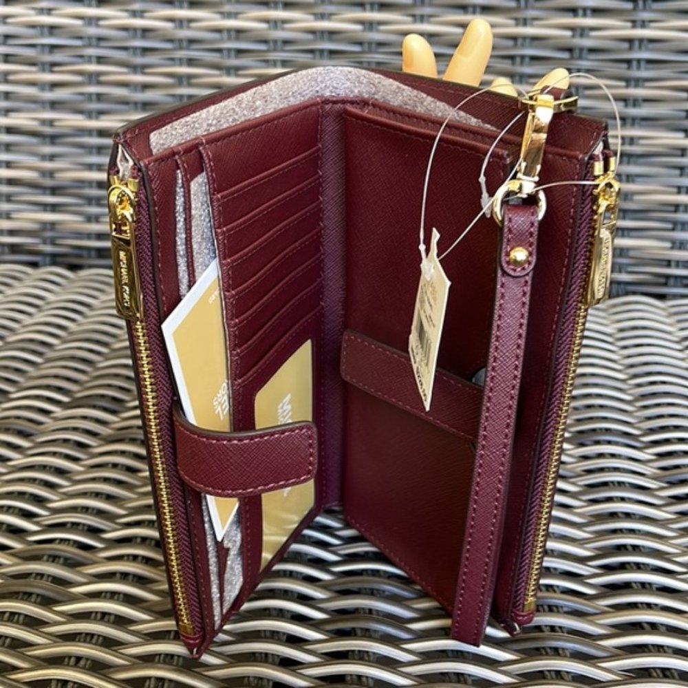 Michael Kors Jet Set Travel Large Double Zip Wristlet Wallet Dark Cherry Leather - Picture 12 of 16
